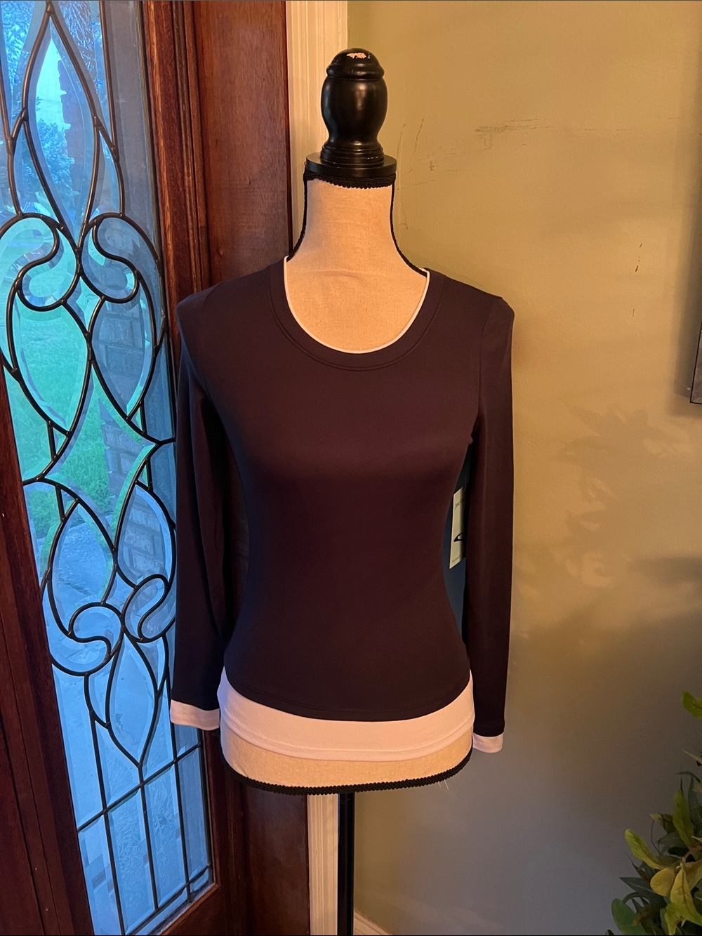 Women’s Long Sleeve Crewneck Top in Dark Navy with White Trim
